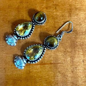 sterling silver earrings with tiger eye and citrine, one missing the hook